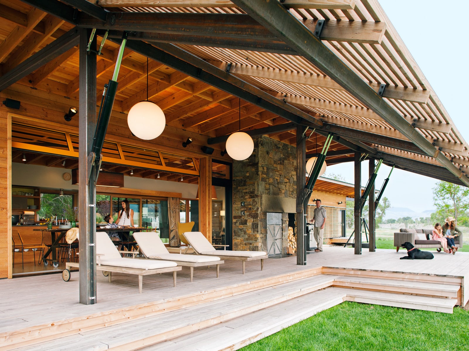 Illustrative reference of a covered outdoor living space at a prefab home