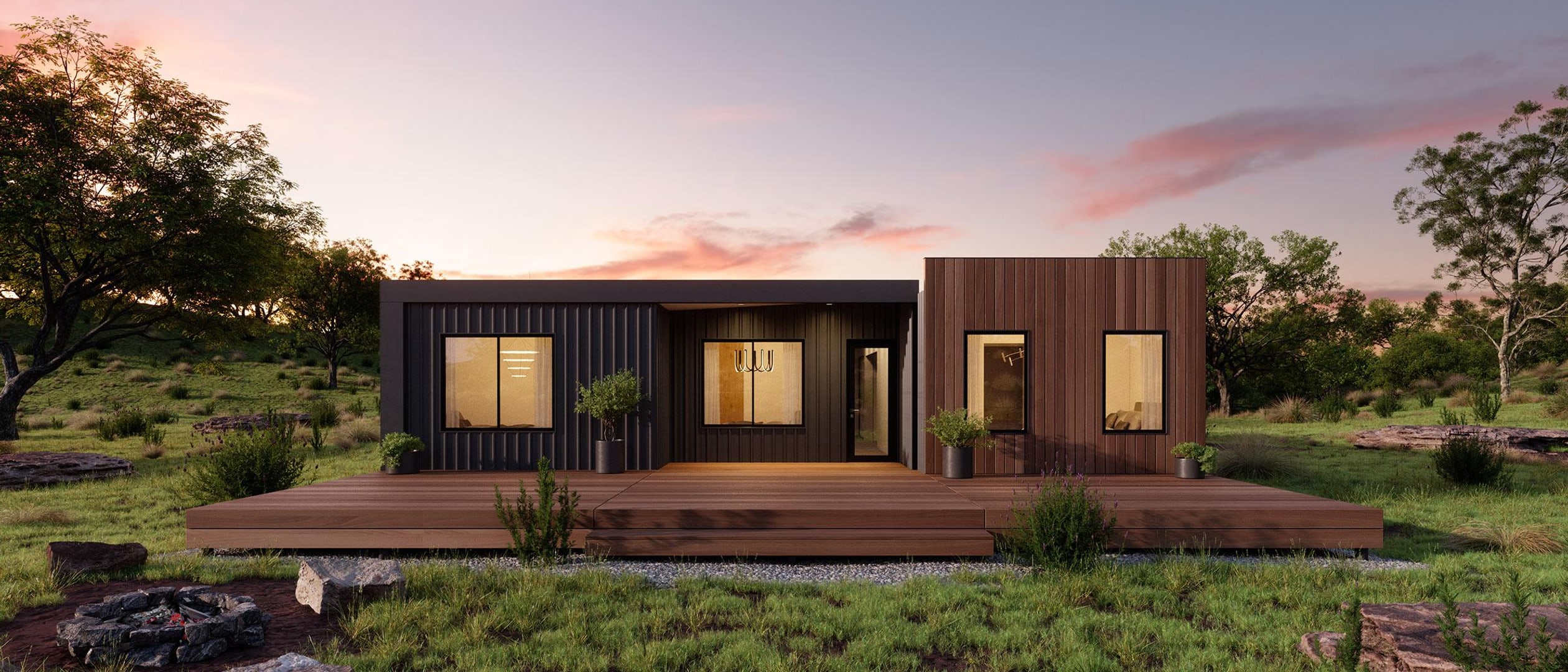 Illustrative reference of a low-profile prefab residence in evening light